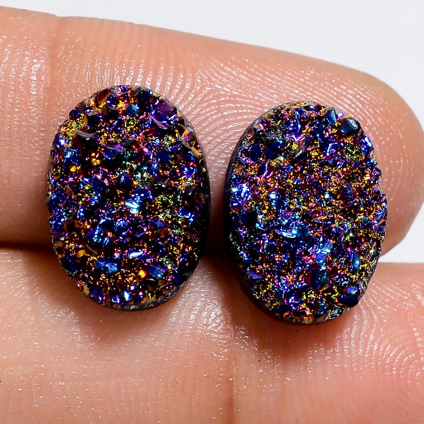 Titanium Druzy Oval Shape Cabochon Loose Gemstone Pair Natural 10 Ct. 13X9X3 mm V-7328