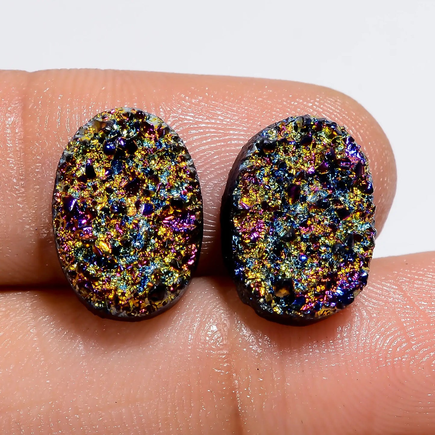 Titanium Druzy Oval Shape Cabochon Loose Gemstone Pair Natural 9.5 Ct. 12X9X2 mm V-7329