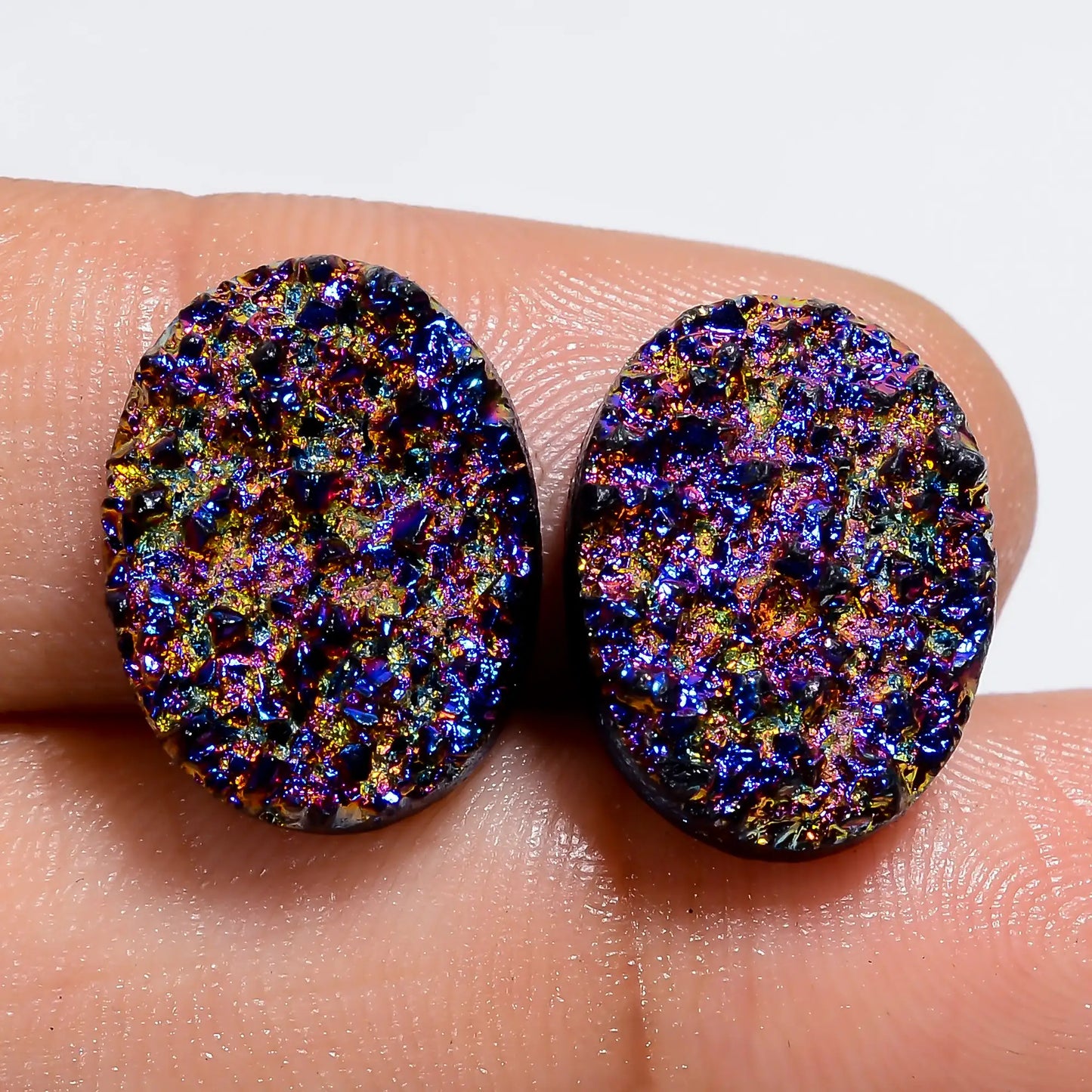 Titanium Druzy Oval Shape Cabochon Loose Gemstone Pair Natural 15 Ct. 15X11X4 mm V-7330
