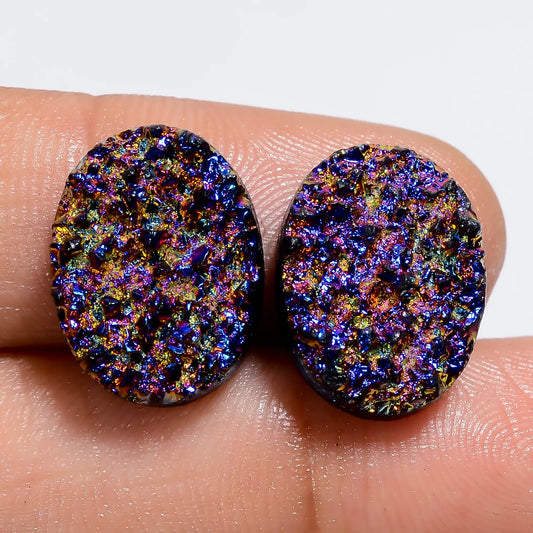 Titanium Druzy Oval Shape Cabochon Loose Gemstone Pair Natural 15 Ct. 15X11X4 mm V-7330