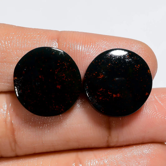 Bloodstone Round Shape Cabochon Loose Gemstone Pair Natural 22.5 Ct. 15X15X3 mm V-7342