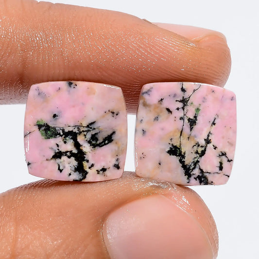 Rhodonite Cushion Shape Cabochon Loose Gemstone Pair Natural 13.5 Ct. 11X11X2 mm V-7362