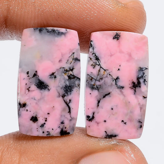 Rhodonite Radiant Shape Cabochon Loose Gemstone Pair Natural 21 Ct. 18X10X3 mm V-7371