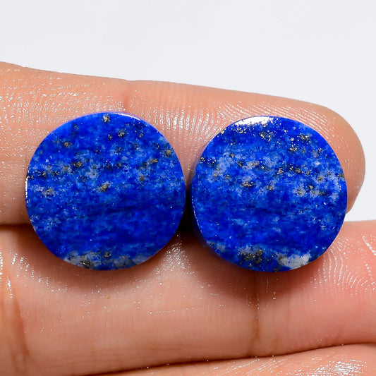 Lapis Lazuli Round Shape Cabochon Loose Gemstone Pair Natural 21.5 Ct. 14X14X3 mm V-7392