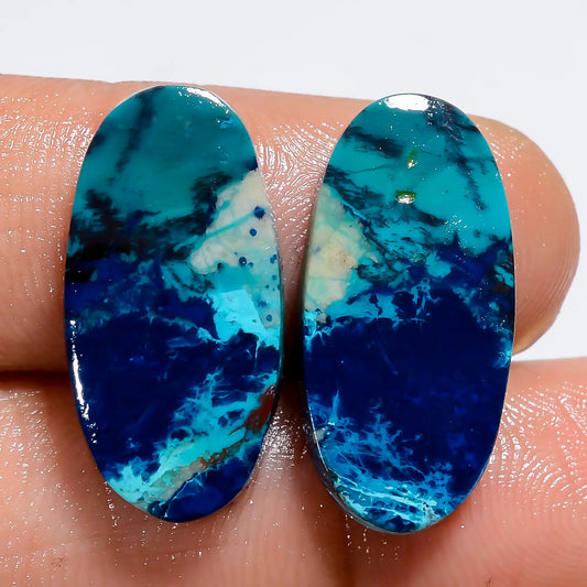 Chrysocolla Oval Shape Cabochon Loose Gemstone Pair Natural 21 Ct. 20X10X3 mm V-7407