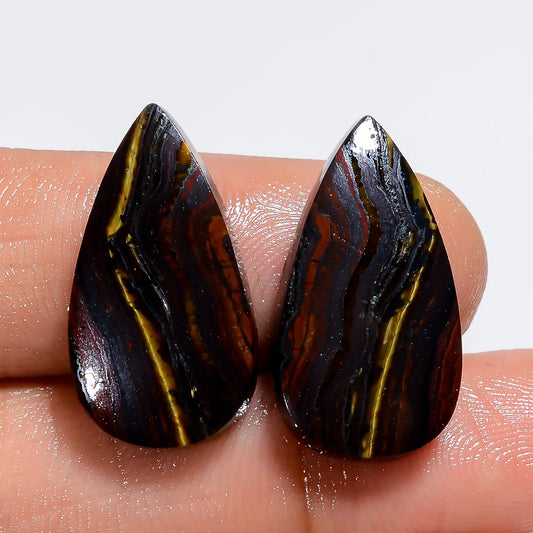 Iron Tiger Eye Pear Shape Cabochon Loose Gemstone Pair Natural 24 Ct. 21X11X3 mm V-7412