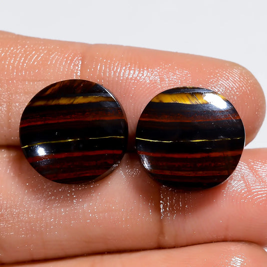 Iron Tiger Eye Round Shape Cabochon Loose Gemstone Pair Natural 21.5 Ct. 13X13X3 mm V-7417
