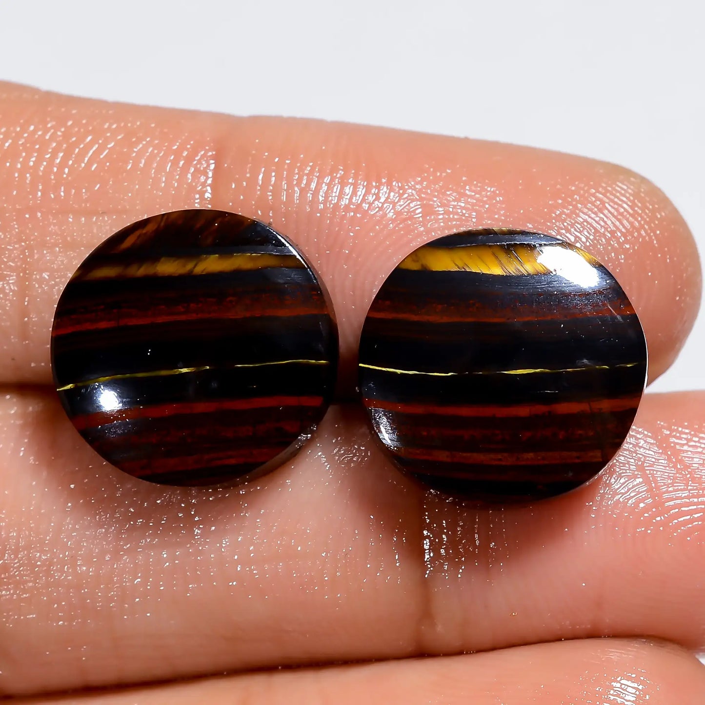 Iron Tiger Eye Round Shape Cabochon Loose Gemstone Pair Natural 21.5 Ct. 13X13X3 mm V-7417