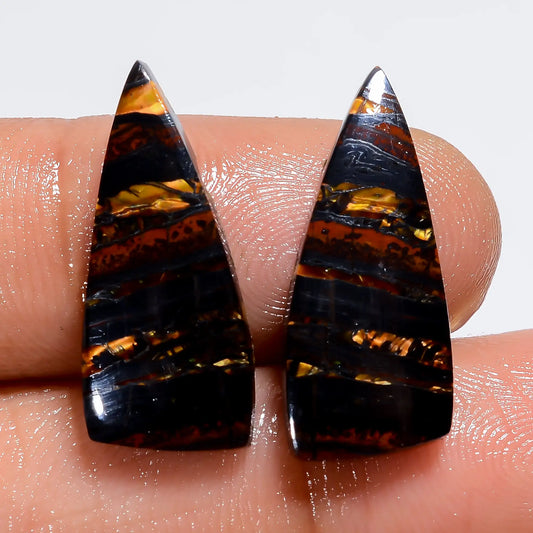 Iron Tiger Eye Fancy Shape Cabochon Loose Gemstone Pair Natural 15.5 Ct. 21X8X2 mm V-7418