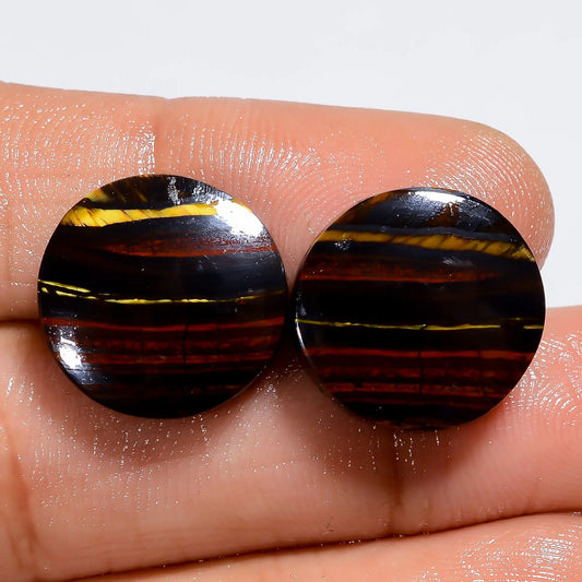 Iron Tiger Eye Round Shape Cabochon Loose Gemstone Pair Natural 27 Ct. 14X14X4 mm V-7421