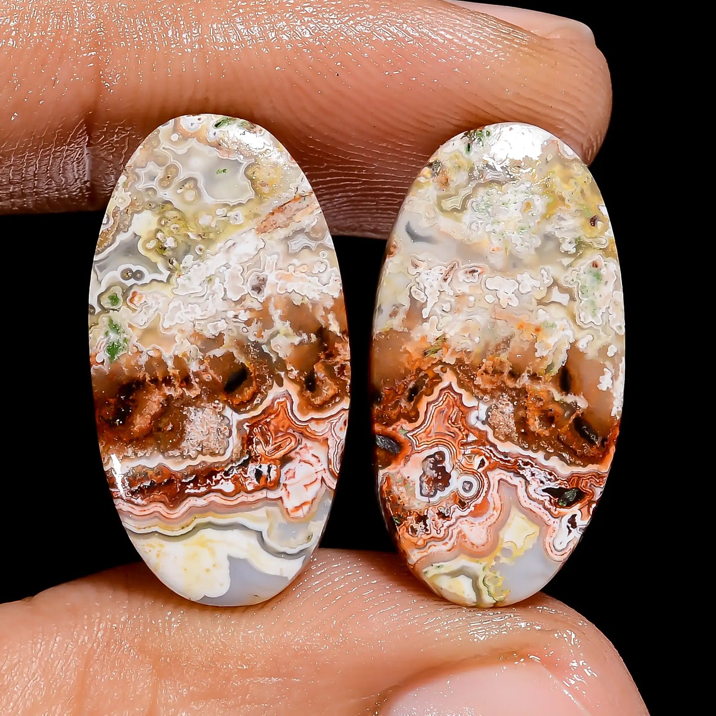 Crazy Lace Agate Oval Shape Cabochon Loose Gemstone Pair Natural 15.5 Ct. 21X10X2 mm V-7438