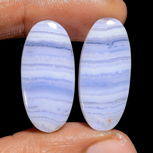 Blue Lace Agate Oval Shape Cabochon Loose Gemstone Pair Natural 27 Ct. 26X11X3 mm V-7461