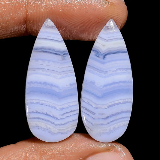 Blue Lace Agate Pear Shape Cabochon Loose Gemstone Pair Natural 27 Ct. 28X11X3 mm V-7462