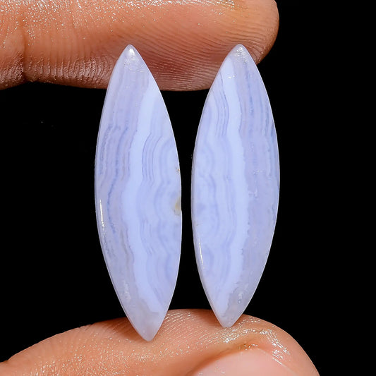 Blue Lace Agate Marquise Shape Cabochon Loose Gemstone Pair Natural 13.5 Ct. 27X7X2 mm V-7463