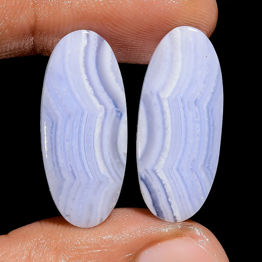 Blue Lace Agate Oval Shape Cabochon Loose Gemstone Pair Natural 22.5 Ct. 25X10X3 mm V-7464
