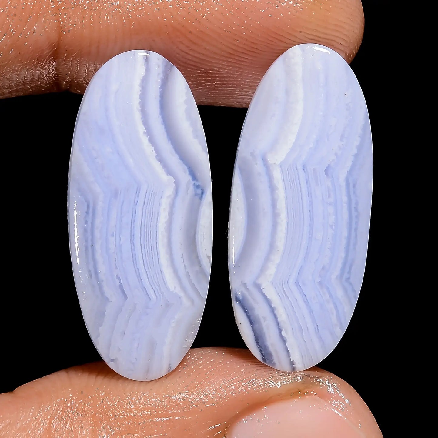 Blue Lace Agate Oval Shape Cabochon Loose Gemstone Pair Natural 22.5 Ct. 25X10X3 mm V-7464
