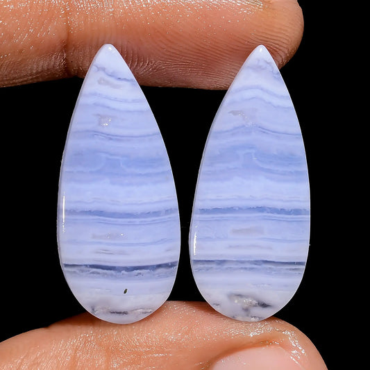 Blue Lace Agate Pear Shape Cabochon Loose Gemstone Pair Natural 24.5 Ct. 27X11X3 mm V-7465