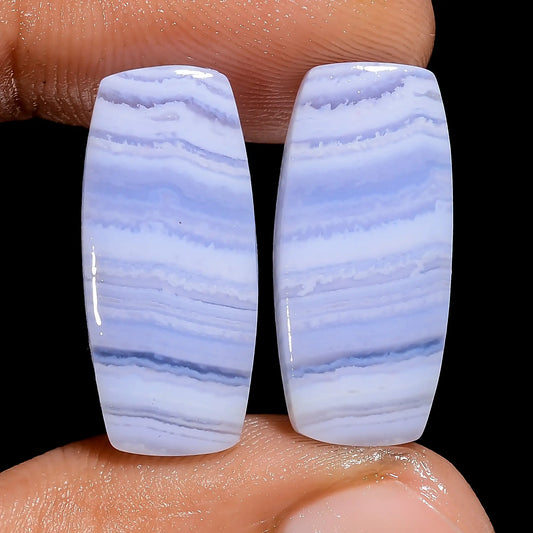 Blue Lace Agate Radiant Shape Cabochon Loose Gemstone Pair Natural 20.5 Ct. 21X9X3 mm V-7468