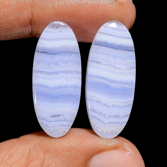 Blue Lace Agate Oval Shape Cabochon Loose Gemstone Pair Natural 23.5 Ct. 25X10X3 mm V-7469