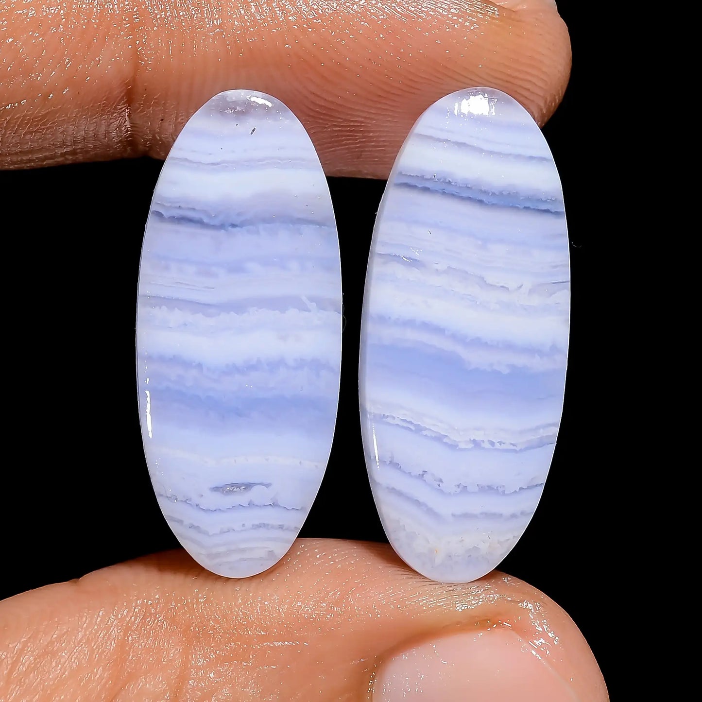 Blue Lace Agate Oval Shape Cabochon Loose Gemstone Pair Natural 23.5 Ct. 25X10X3 mm V-7469