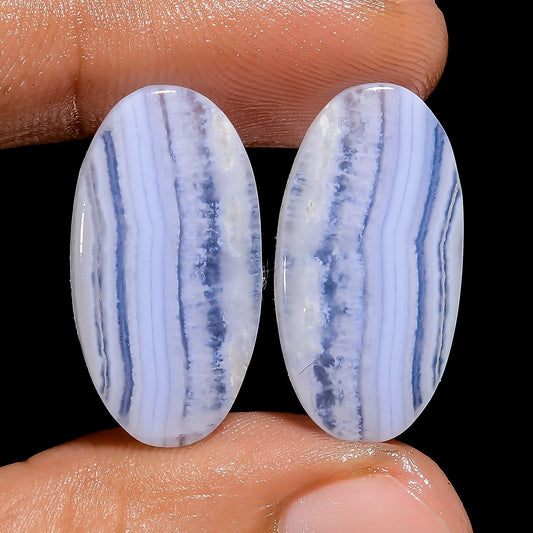 Blue Lace Agate Oval Shape Cabochon Loose Gemstone Pair Natural 22 Ct. 23X11X3 mm V-7471