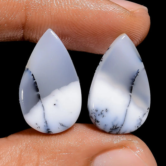 Dendrite Opal Pear Shape Cabochon Loose Gemstone Pair Natural 14.5 Ct. 18X11X3 mm V-7497
