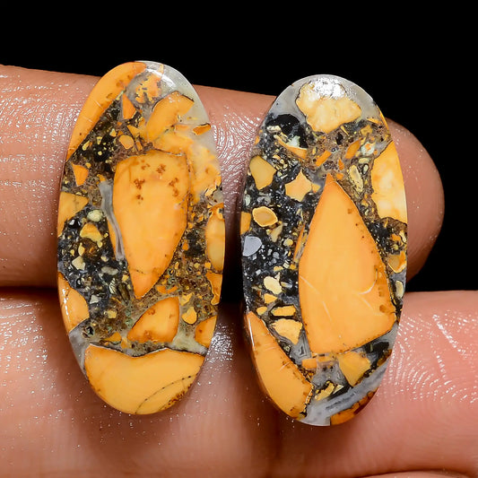 Maligano Jasper Oval Shape Cabochon Loose Gemstone Pair Natural 23.5 Ct. 23X10X4 mm V-7519