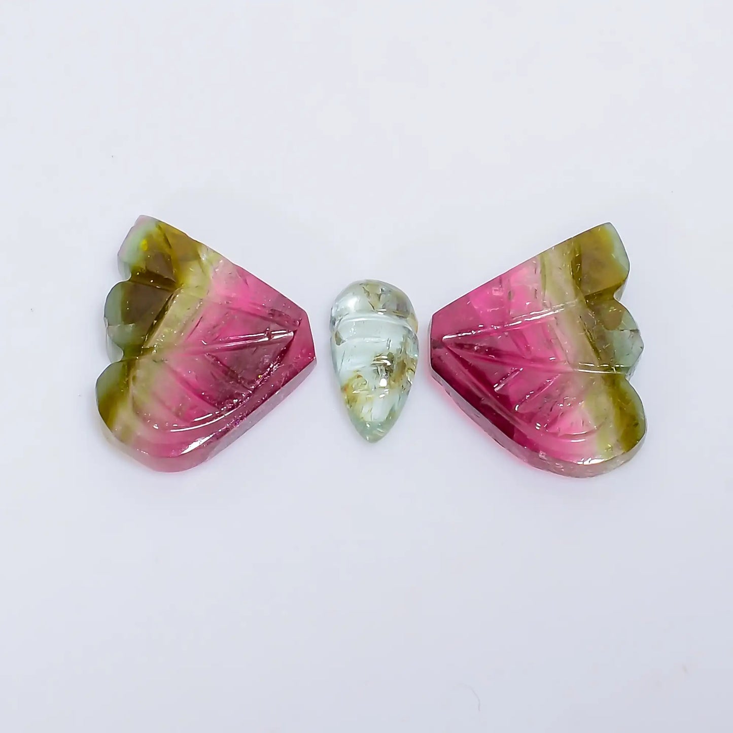 Watermelon Tourmaline Butterfly Shape Carved Loose Gemstone 3 Pcs Lot Natural 7 Ct. 8X3 10X9 mm V-7560