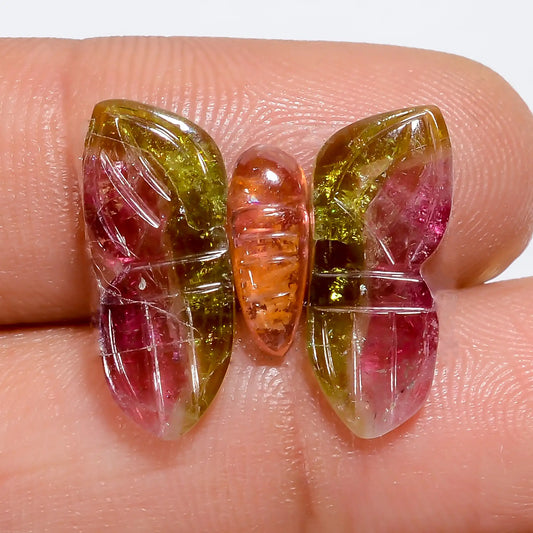 Watermelon Tourmaline Butterfly Shape Carved Loose Gemstone 3 Pcs Lot Natural 7.5 Ct. 10X3 16X6 mm V-7563