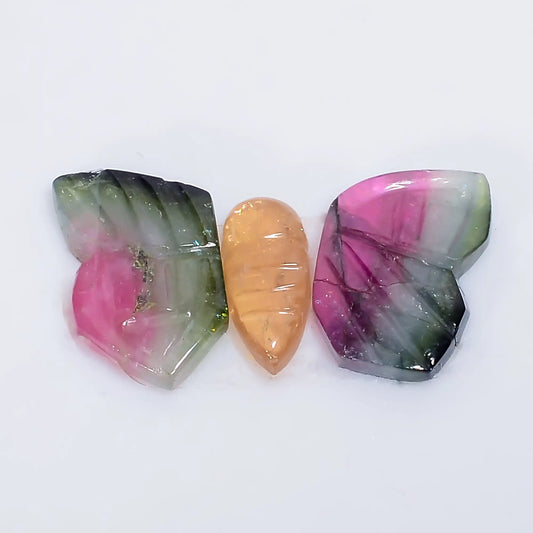 Watermelon Tourmaline Butterfly Shape Carved Loose Gemstone 3 Pcs Lot Natural 5 Ct. 8X3 10X6 mm V-7564