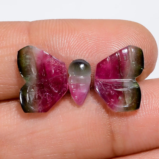 Watermelon Tourmaline Butterfly Shape Carved Loose Gemstone 3 Pcs Lot Natural 7 Ct. 7X3 12X8 mm V-7566