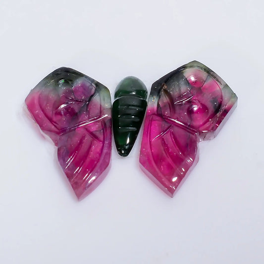 Watermelon Tourmaline Butterfly Shape Carved Loose Gemstone 3 Pcs Lot Natural 16 Ct. 12X3 19X10 mm V-7567