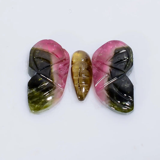 Watermelon Tourmaline Butterfly Shape Carved Loose Gemstone 3 Pcs Lot Natural 8.5 Ct. 10X2 15X7 mm V-7568