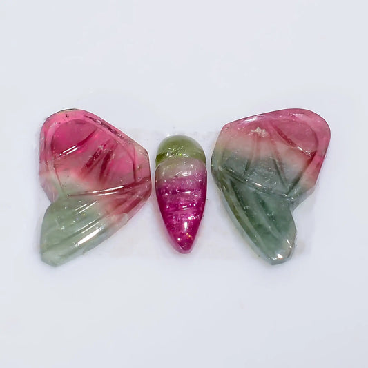 Watermelon Tourmaline Butterfly Shape Carved Loose Gemstone 3 Pcs Lot Natural 6.5 Ct. 10X3 13X7 mm V-7569