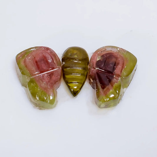 Watermelon Tourmaline Butterfly Shape Carved Loose Gemstone 3 Pcs Lot Natural 6 Ct. 7X3 9X6 mm V-7575