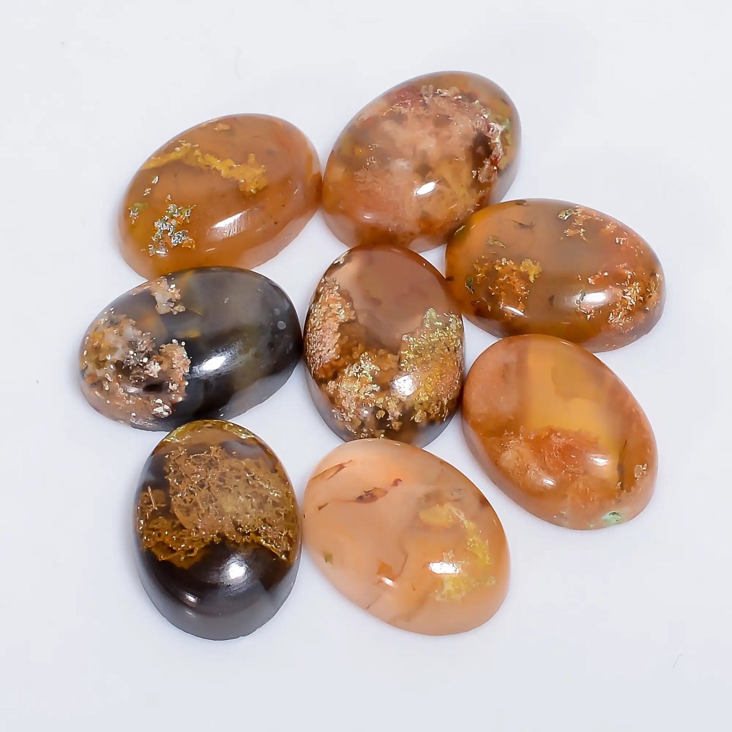 Indonesian Moss Agate Oval Shape Cabochon Loose Gemstone 8 Pcs Lot Natural 46.5 Ct. 13X9X4 mm V-7582