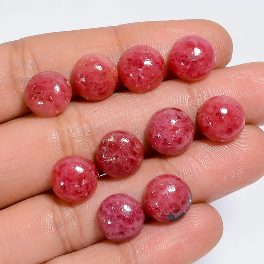 Rhodonite Round Shape Cabochon Loose Gemstone 10 Pcs Lot Natural 50.5 Ct. 9X9X3 mm V-7616