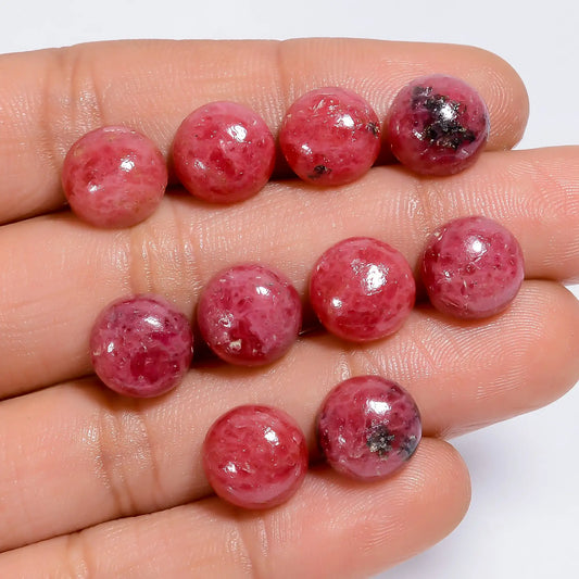 Rhodonite Round Shape Cabochon Loose Gemstone 10 Pcs Lot Natural 57 Ct. 9X9X4 mm V-7620