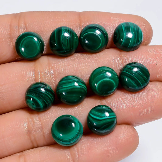 Malachite Round Shape Cabochon Loose Gemstone 10 Pcs Lot Natural 58.5 Ct. 9X9X4 mm V-7623