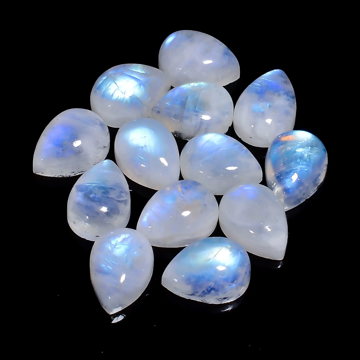 Rainbow Moonstone Pear Shape Cabochon Loose Gemstone 13 Pcs Lot Natural 94 Ct. 13X9X5 mm V-7685