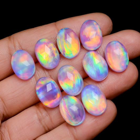 Aurora Opal Oval Shape Faceted Loose Gemstone 10 Pcs Lot 56.5 Ct. 13X10X5 mm V-7696