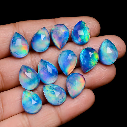Aurora Opal Pear Shape Faceted Loose Gemstone 12 Pcs Lot 74.5 Ct. 13X9X6 mm V-7701