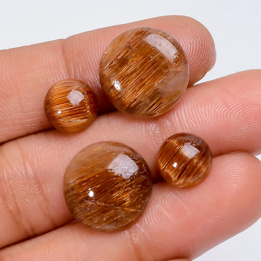 Copper Rutile Quartz Round Shape Cabochon Loose Gemstone 4 Pcs Lot Natural 23 Ct. 8X8 14X14 mm V-7729