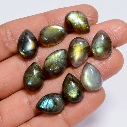Labradorite Pear Shape Cabochon Loose Gemstone 10 Pcs Lot Natural 60.5 Ct. 12X8X4 mm V-7756