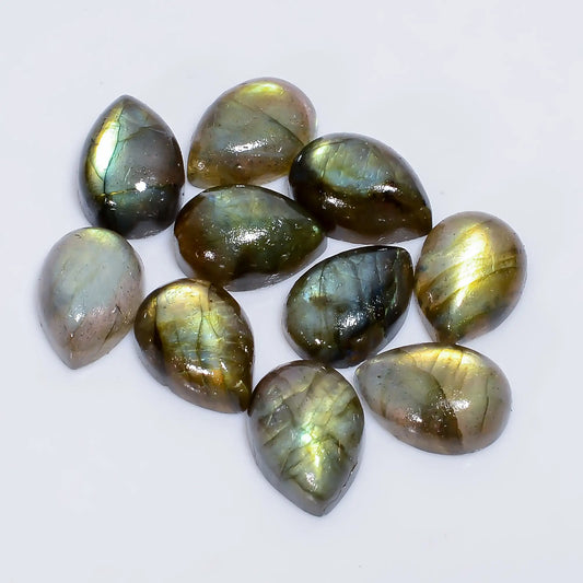 Labradorite Pear Shape Cabochon Loose Gemstone 10 Pcs Lot Natural 60.5 Ct. 12X8X4 mm V-7756