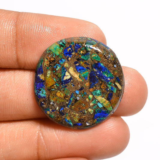 Spiny Copper Azurite Malachite Round Shape Cabochon Loose Gemstone 18.5 Ct. 24X24X4 mm V-819