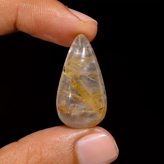 Golden Rutile Quartz Pear Shape Cabochon Loose Gemstone Natural 25 Ct. 28X16X8 mm V-1511
