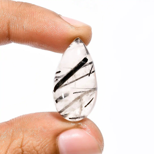 Black Rutile Quartz Pear Shape Cabochon Loose Gemstone Natural 20 Ct. 25X13X7 mm V-1907