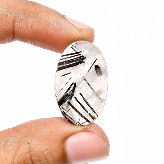 Black Rutile Quartz Oval Shape Cabochon Loose Gemstone Natural 18 Ct. 26X16X5 mm V-1930