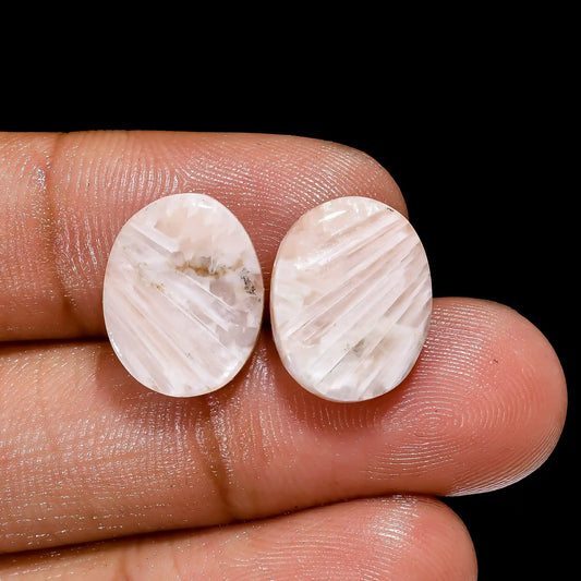 Pink Scolecite Oval Shape Cabochon Loose Gemstone Pair Natural 7.5 Ct. 14X11X4 mm V-2578